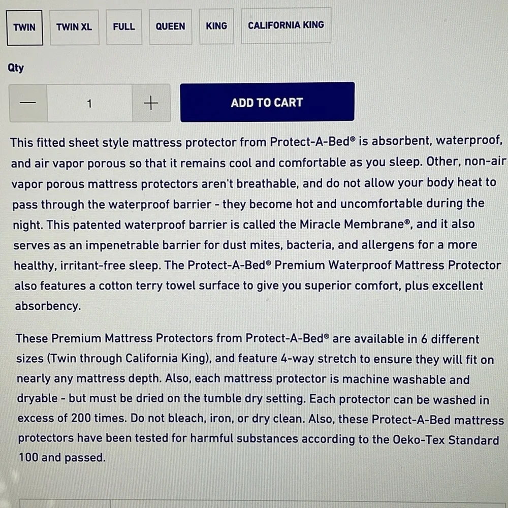 Protect A Bed full size premium fitted waterproof mattress protector.